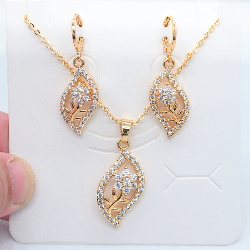 Wholesale Gold Plated Women Fashion Multicolor Zircon CZ Flower Leaf Jewelry Set