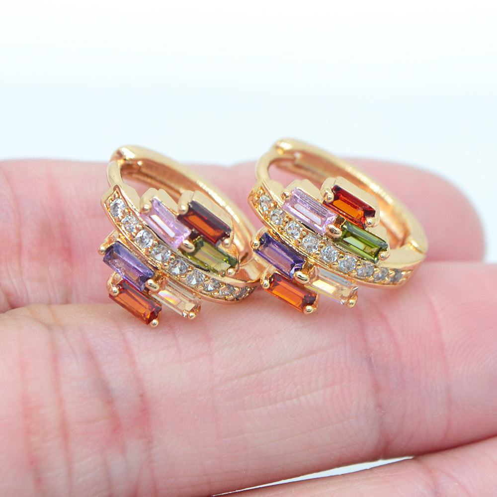 Wholesale Gold Plated Women Multicolor Zircon CZ Baguette Huggie Earrings Jewelry