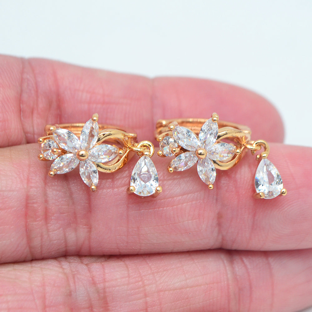 Wholesale Gold Plated Women Clear Zircon CZ Flower Dangle Huggie Earrings Jewelry