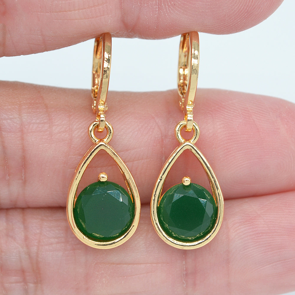 Wholesale Gold Plated Women Jade Green Zircon CZ Teardrop Dangle Earrings Jewelry