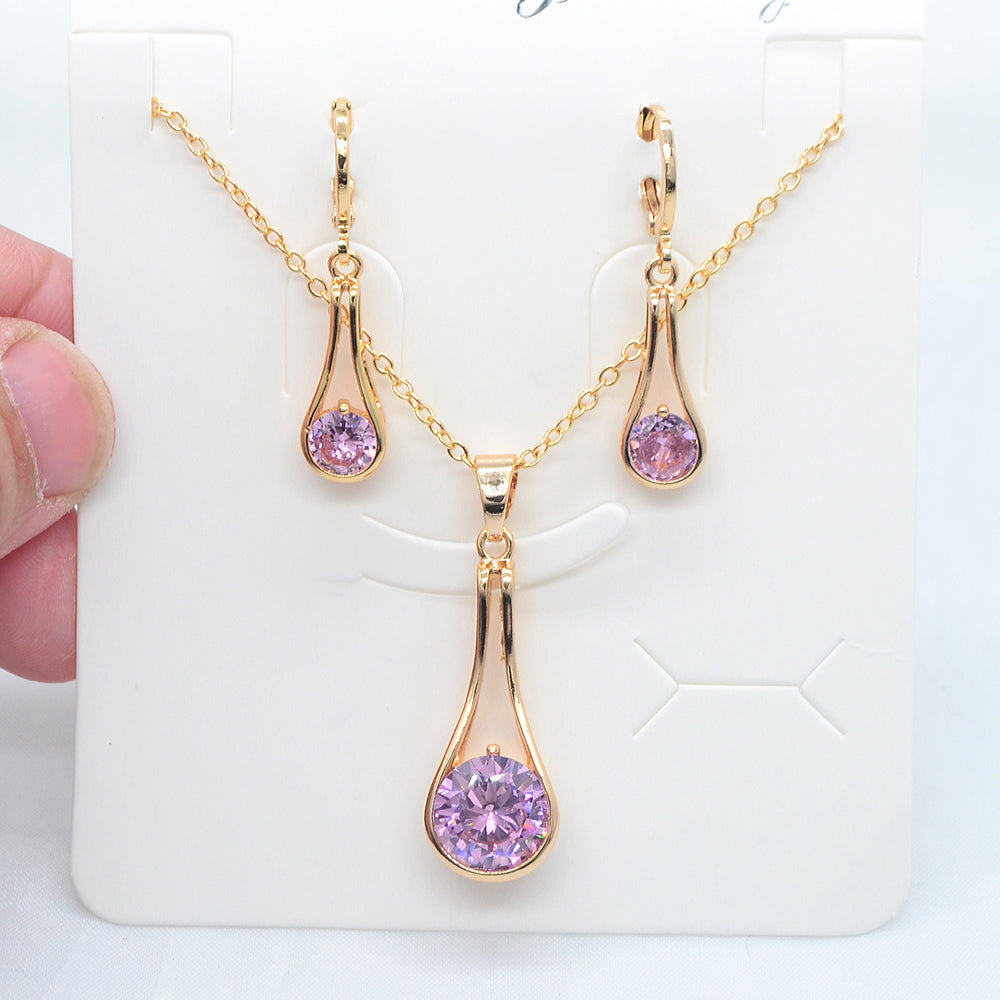 Wholesale Gold Plated Women Red Zircon CZ Long Teardrop Jewelry Set