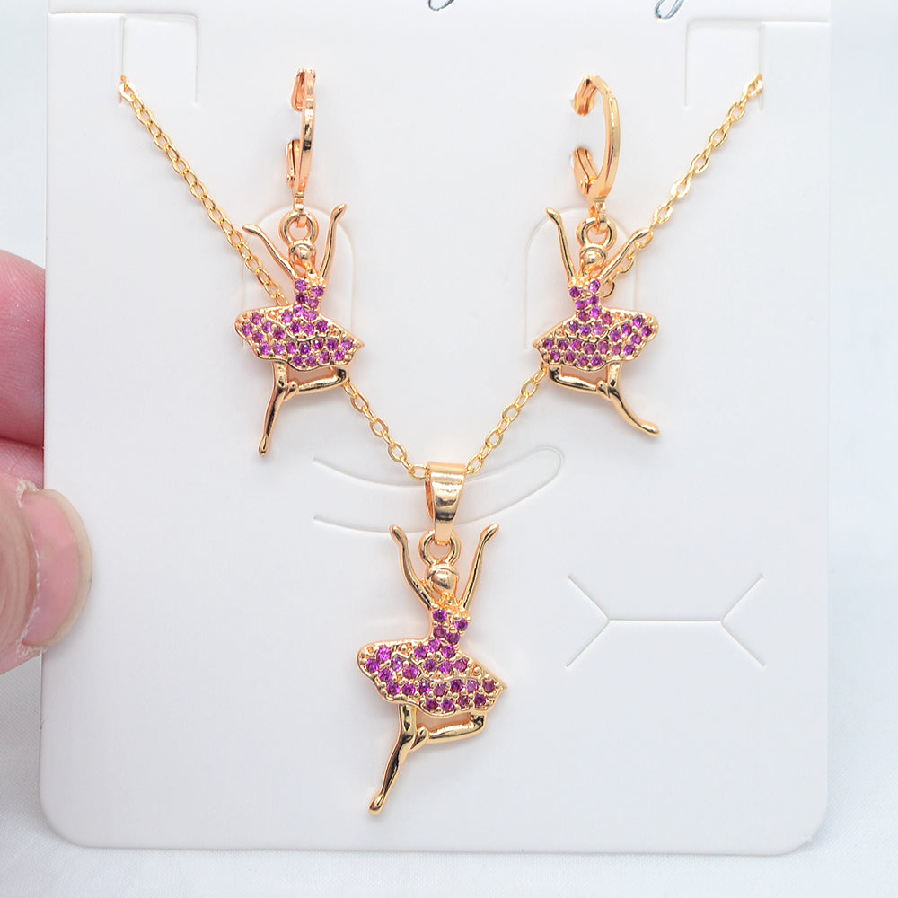 Wholesale Gold Plated Women Rose Zircon CZ Dancing Girls Jewelry Set