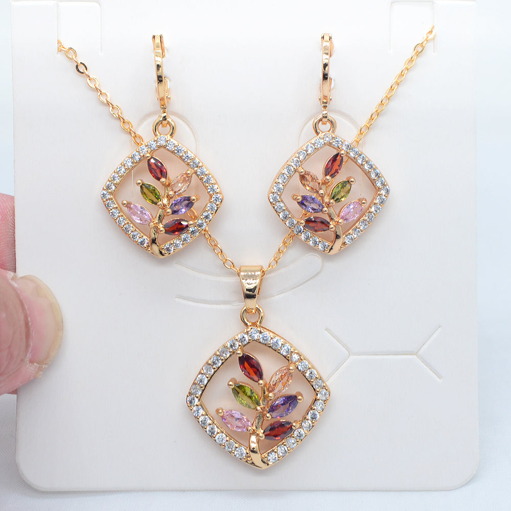 Wholesale Gold Plated Women Multicolor Zircon CZ Rhombus Flower Jewelry Set