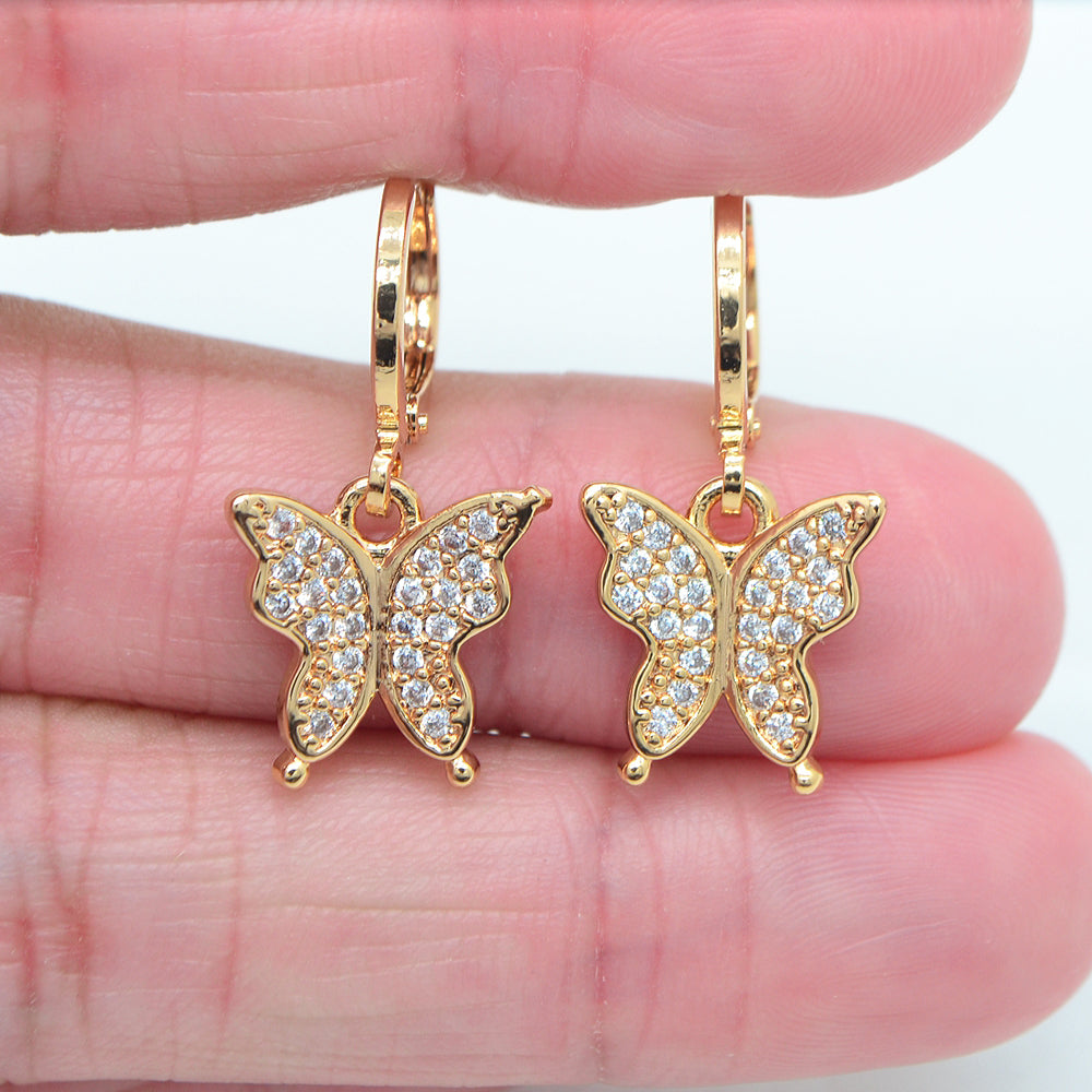 Wholesale Gold Plated Women Clear Zircon CZ Lovely Butterfly Dangle Earrings Jewelry