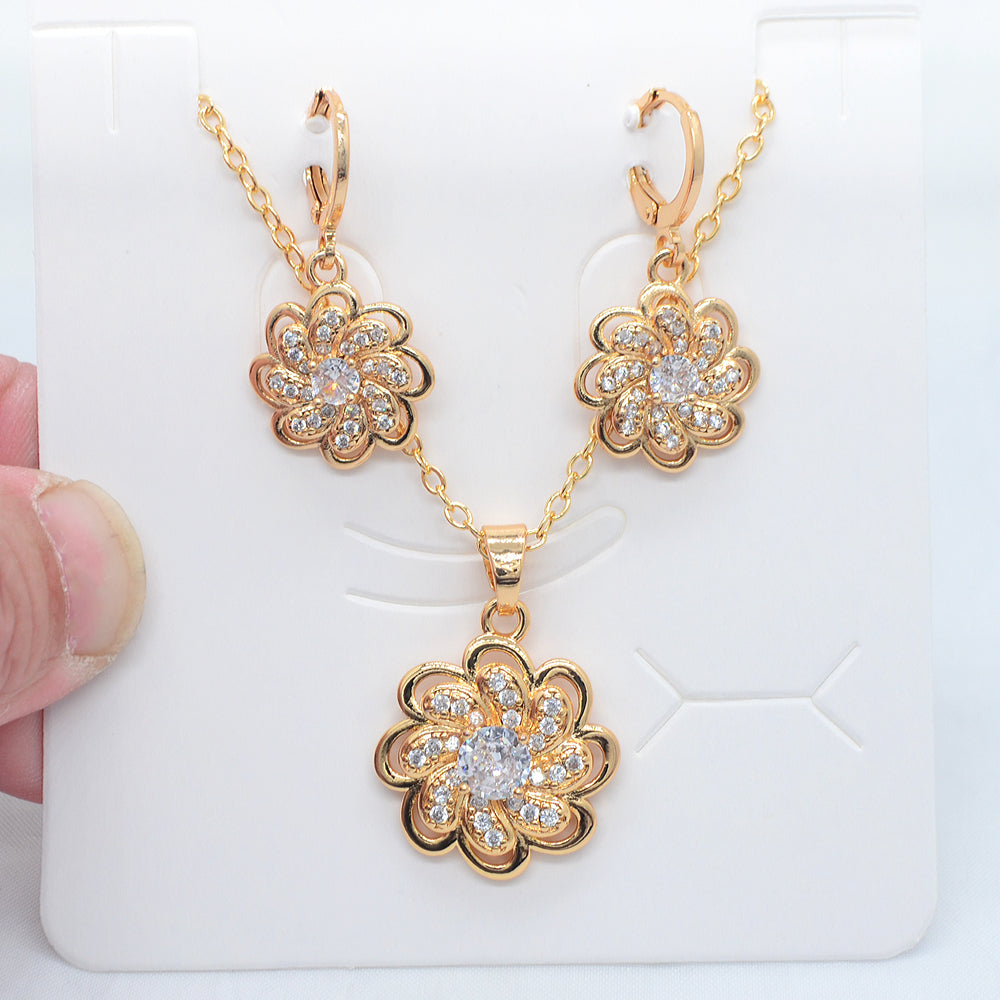 Wholesale Gold Plated Women Red Zircon CZ Flower Wedding Jewelry Set
