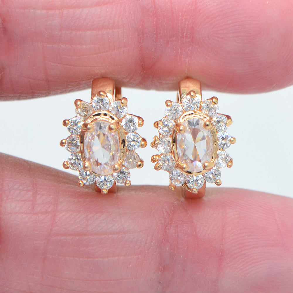 Wholesale Gold Plated Women Green Zircon CZ Halo Oval Flower Huggie Earrings Jewelry