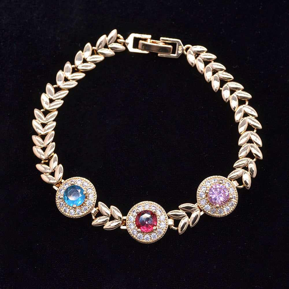 Wholesale Gold Plated Women Multicolor Zircon CZ Round Charms Bracelet Jewelry