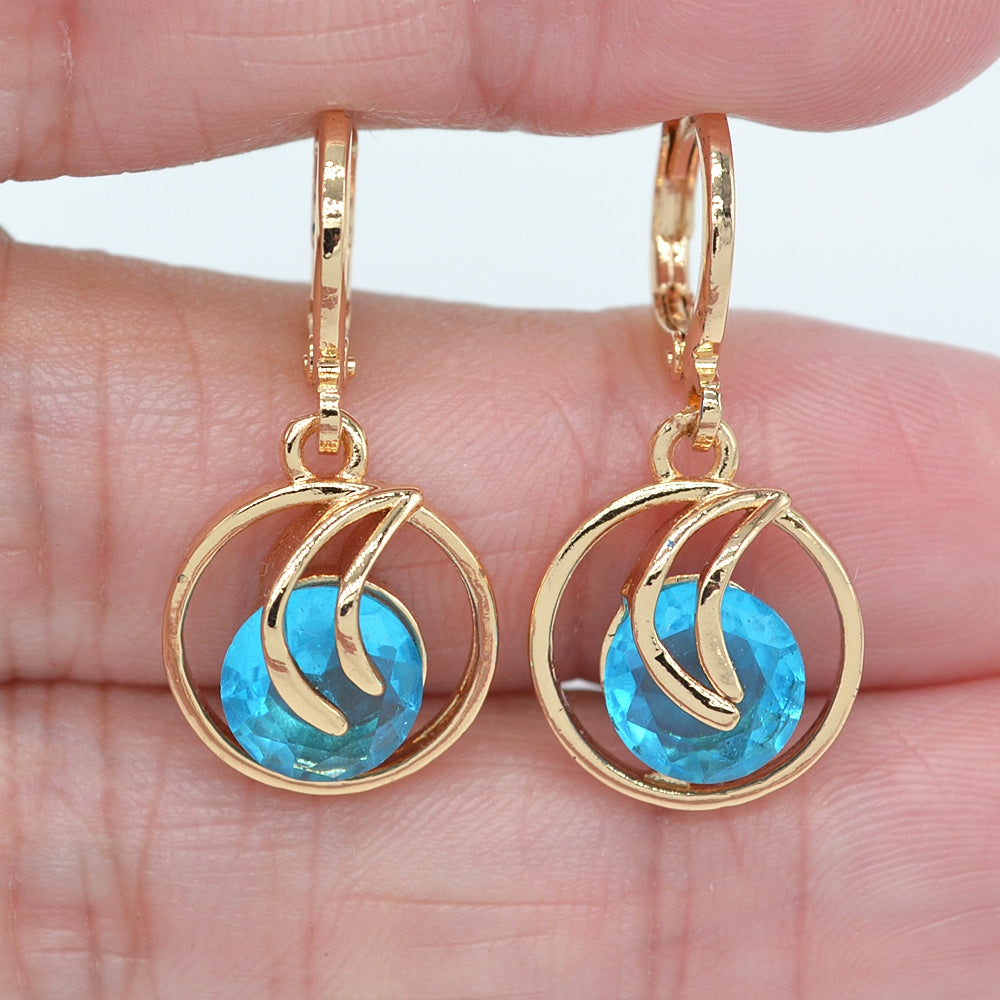 Wholesale Gold Plated Women Jade Pink Zircon CZ Round Dangle Earrings Jewelry