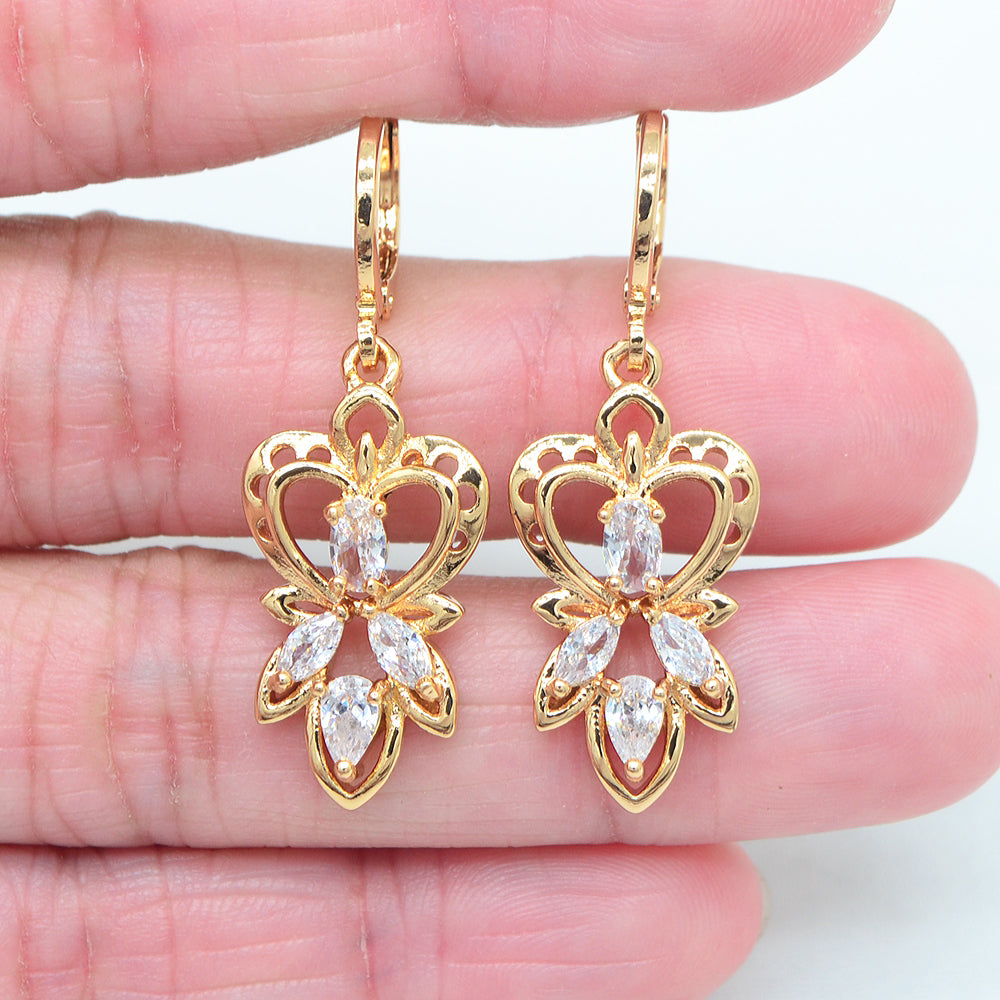 Wholesale Gold Plated Women Clear Zircon CZ Heart Flower Dangle Earrings Jewelry