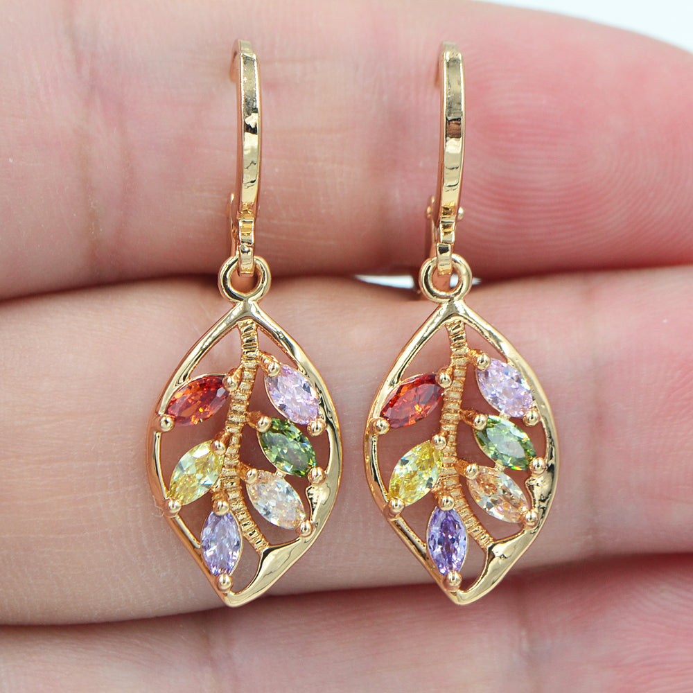 Wholesale Gold Plated Women Multicolor Cubic Zirconia CZ Leaf Dangle Earrings Jewelry
