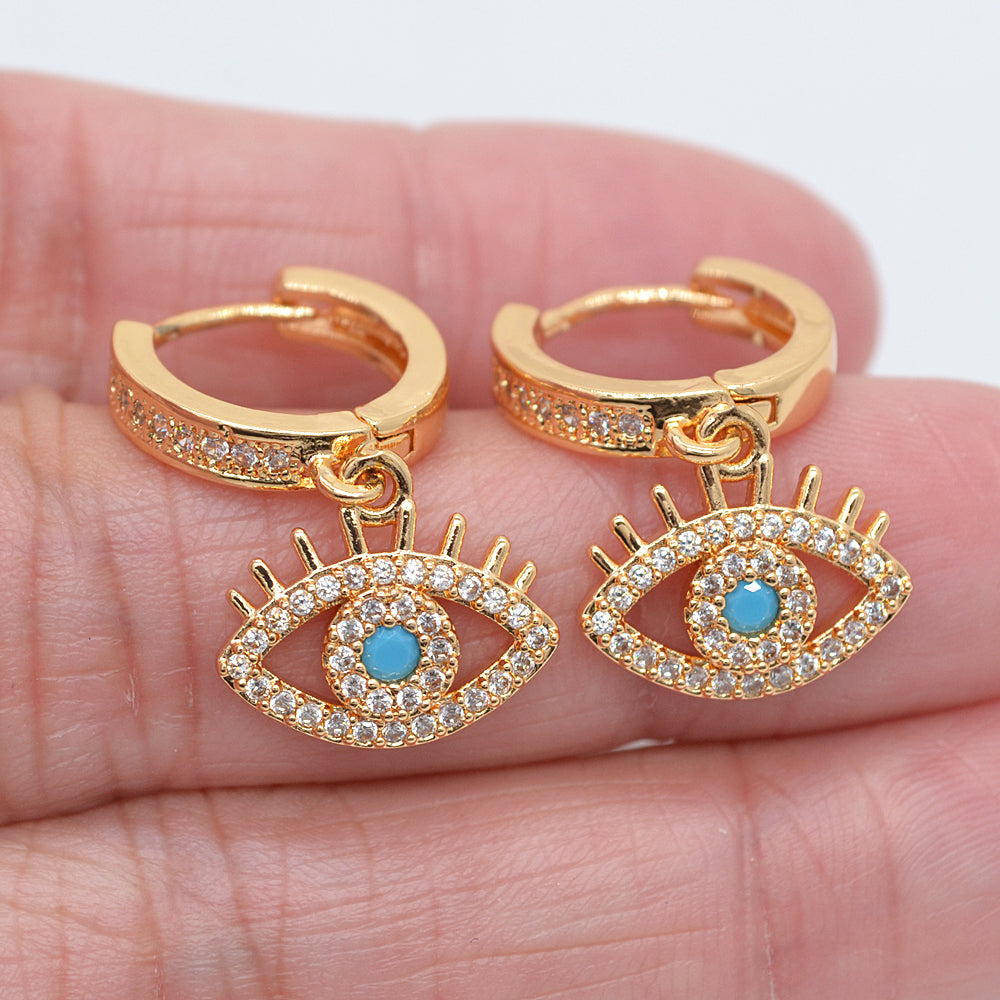 Wholesale Gold Plated Women Clear Zircon CZ Evil Eye Dangle Huggie Earrings Jewelry