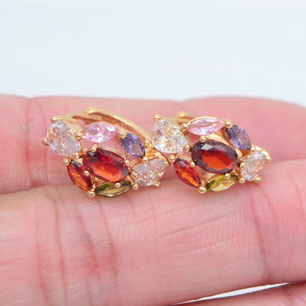 Wholesale Gold Plated Women Fashion Multicolor Zircon CZ Flower Huggie Earrings Jewelry