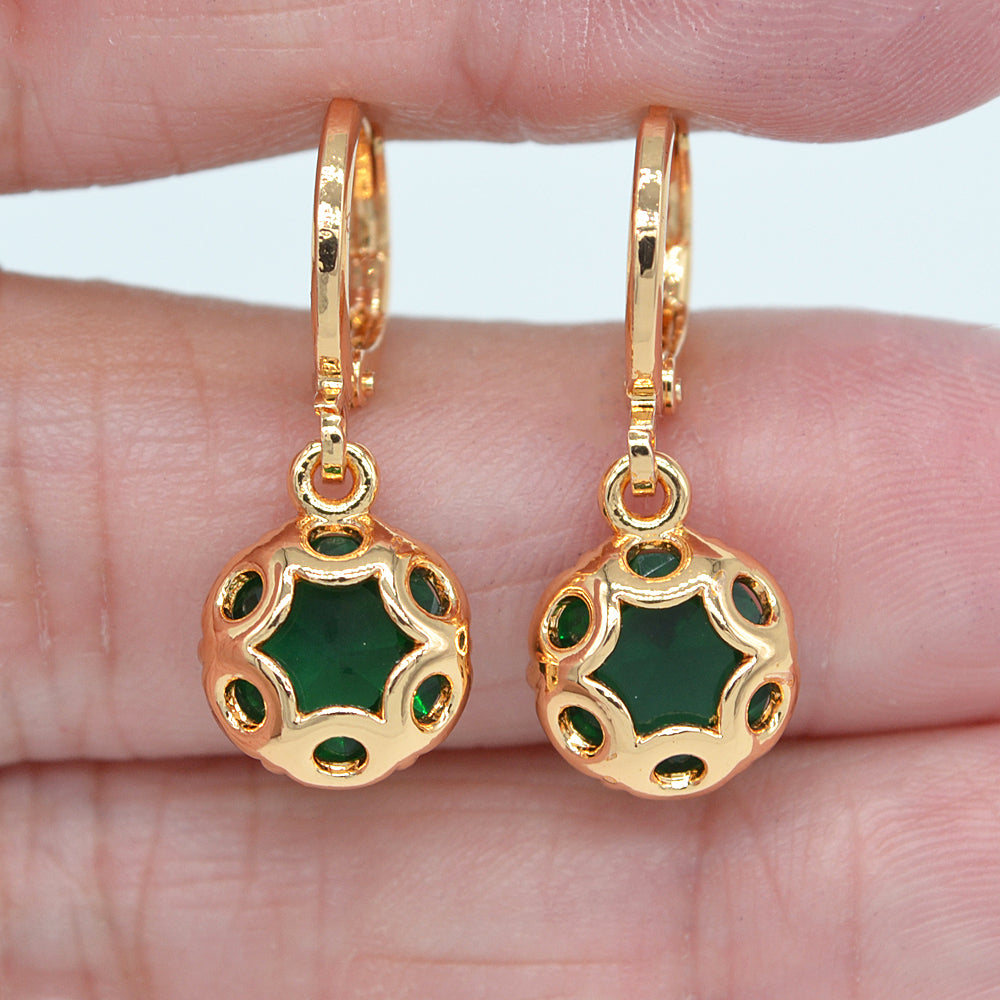 Wholesale Gold Plated Women Red Zircon CZ Hollow Round Dangle Earrings Jewelry