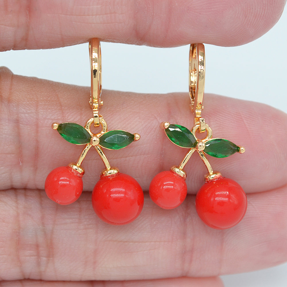 Wholesale Gold Plated Women Green Zircon CZ Fruit Cherry Dangle Earrings Jewelry