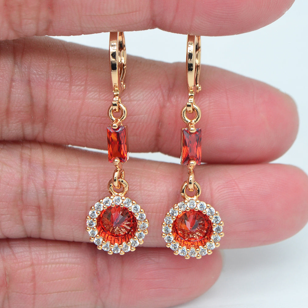 Wholesale Gold Plated Women Red Zircon CZ Round Circle Dangle Earrings Jewelry