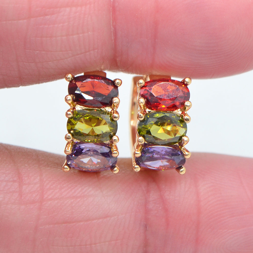 Wholesale Gold Plated Women Rainbow Triple Oval Zircon CZ Hoop Huggie Earrings Jewelry
