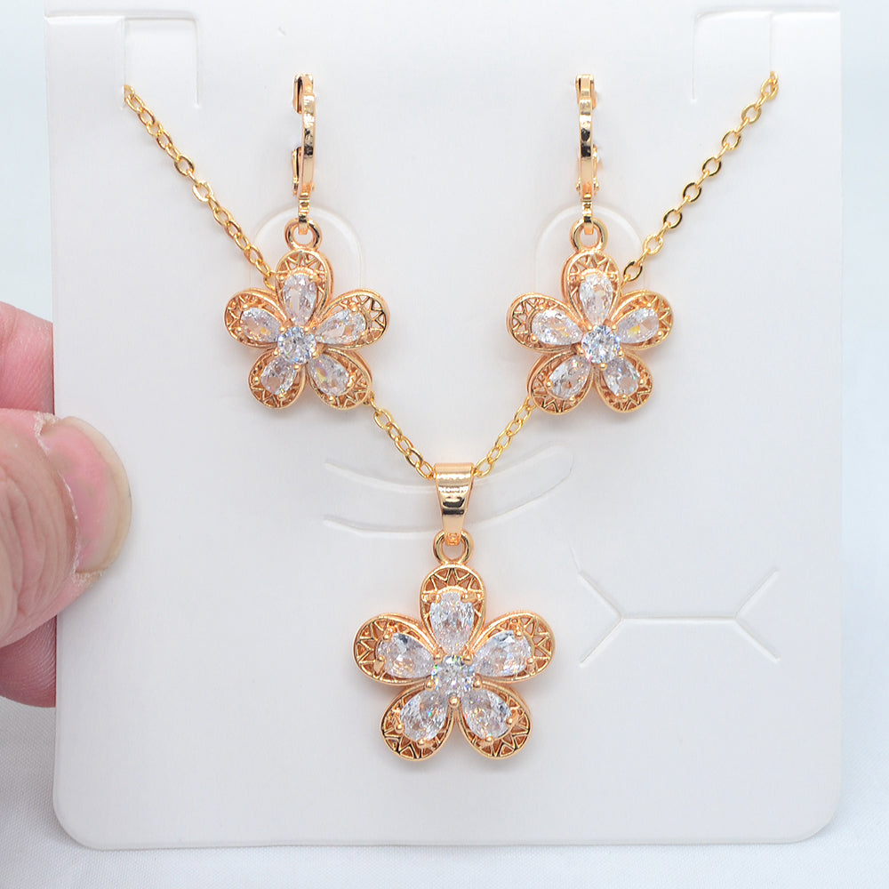 Wholesale Gold Plated Women Multicolor Zircon CZ Blossom Flower Jewelry Set