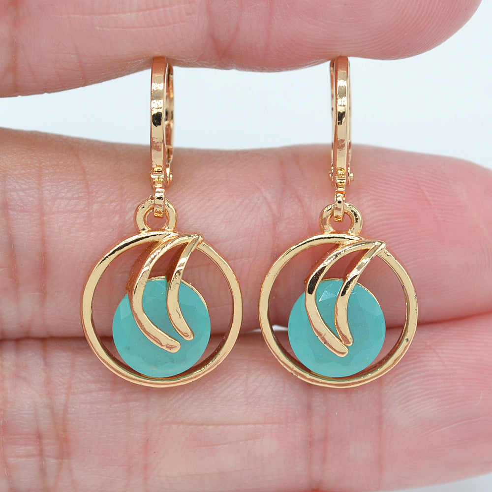 Wholesale Gold Plated Women Jade Pink Zircon CZ Round Dangle Earrings Jewelry