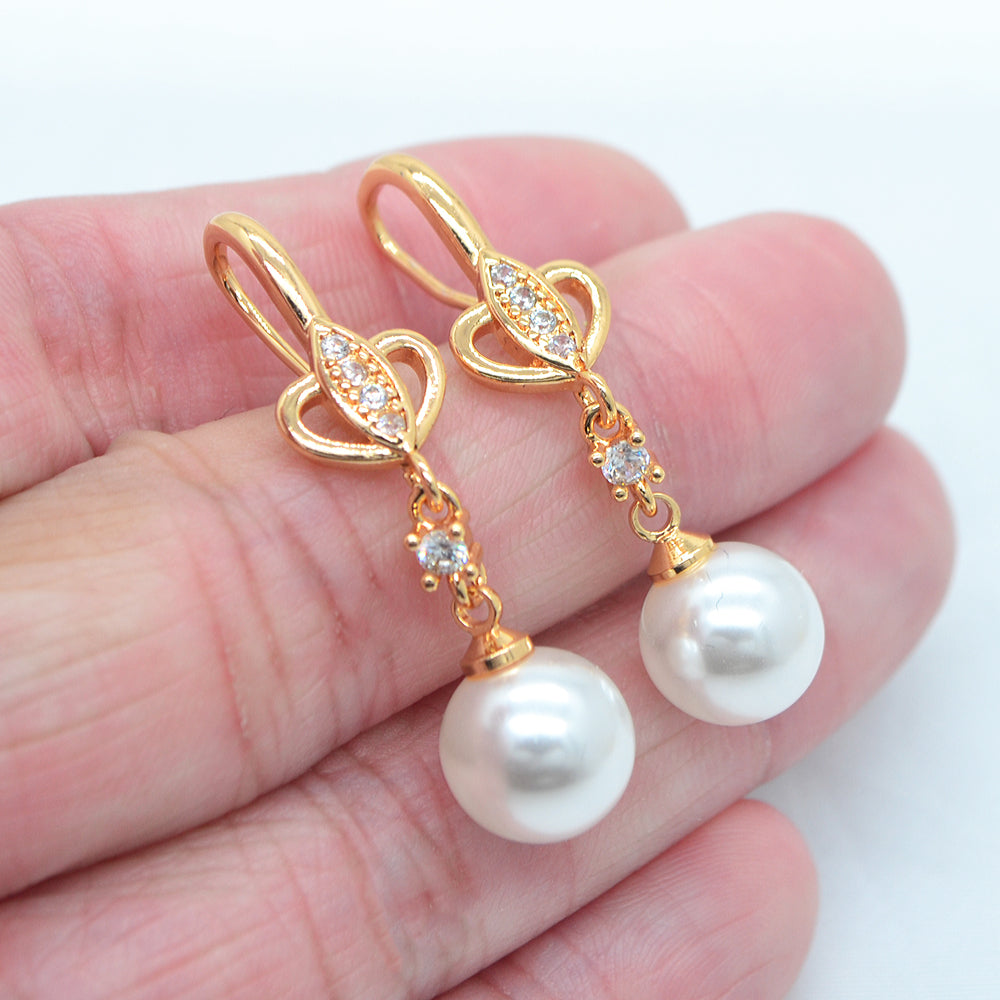 Wholesale Gold Plated Women Clear Zircon White Round Pearl Dangle Earrings Jewelry