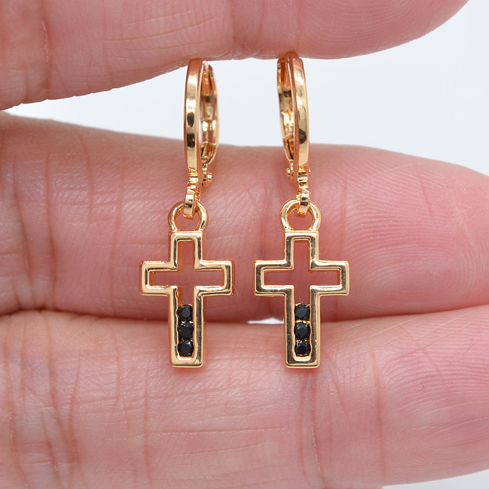 Wholesale Gold Plated Women Rose Red Zircon CZ Cross Dangle Earrings Jewelry