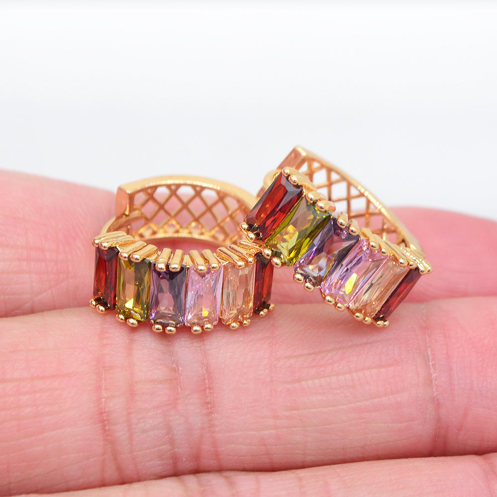 Wholesale Gold Plated Women Rainbow Zircon CZ Baguette Huggie Earrings Jewelry