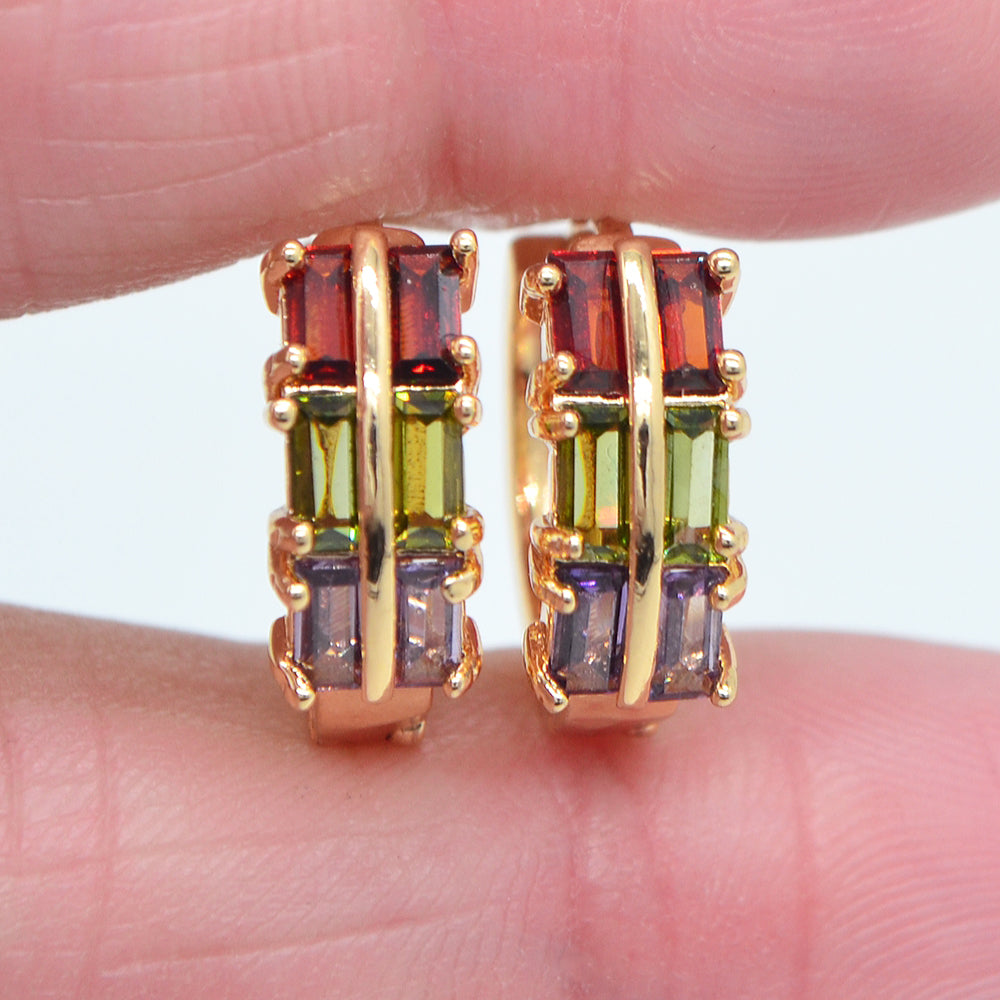 Wholesale Gold Plated Women Multicolor Zircon CZ Baguette Design Hoop Huggie Earrings Jewelry