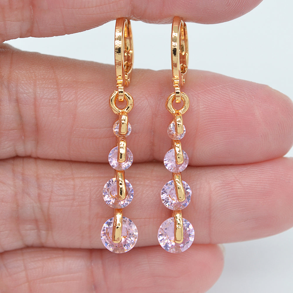 Wholesale Gold Plated Women Red Round Zircon CZ Dangle Earrings Jewelry