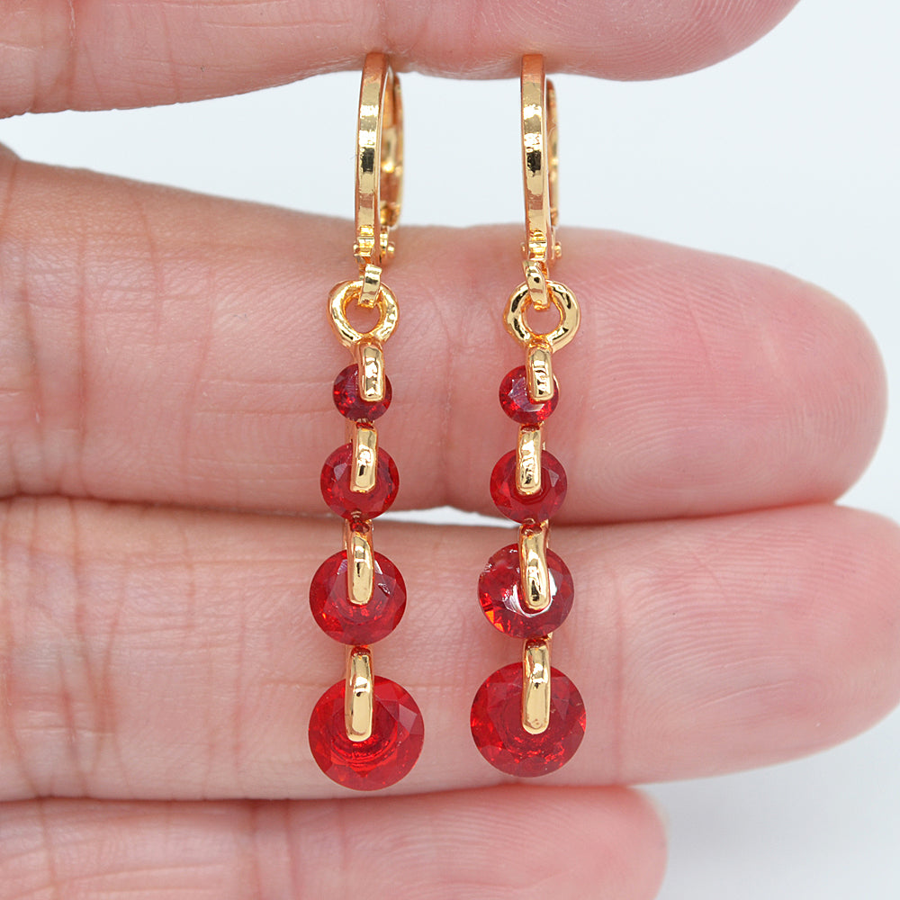 Wholesale Gold Plated Women Red Round Zircon CZ Dangle Earrings Jewelry