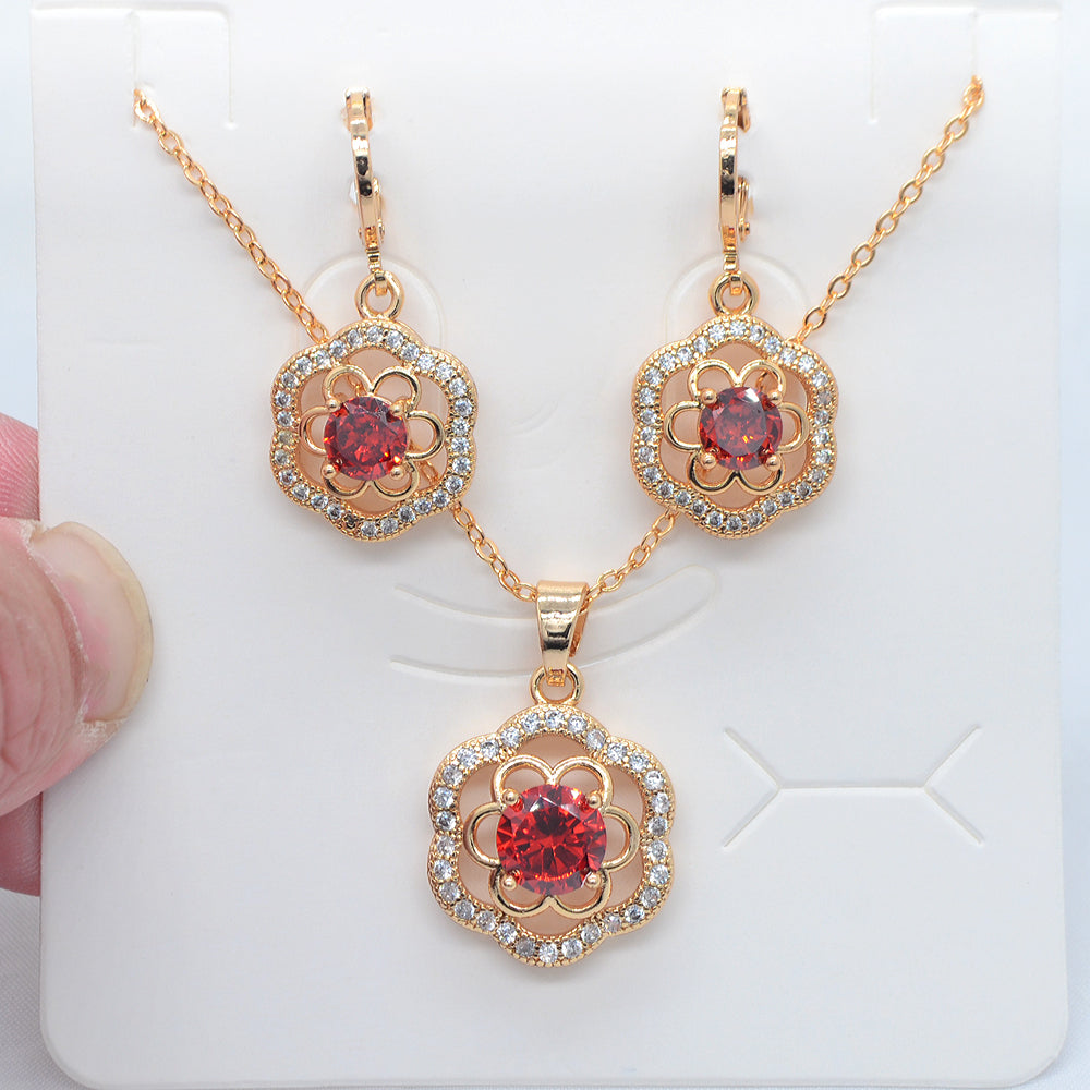 Wholesale Gold Plated Women Fashion Green Zircon CZ Flower Jewelry Set