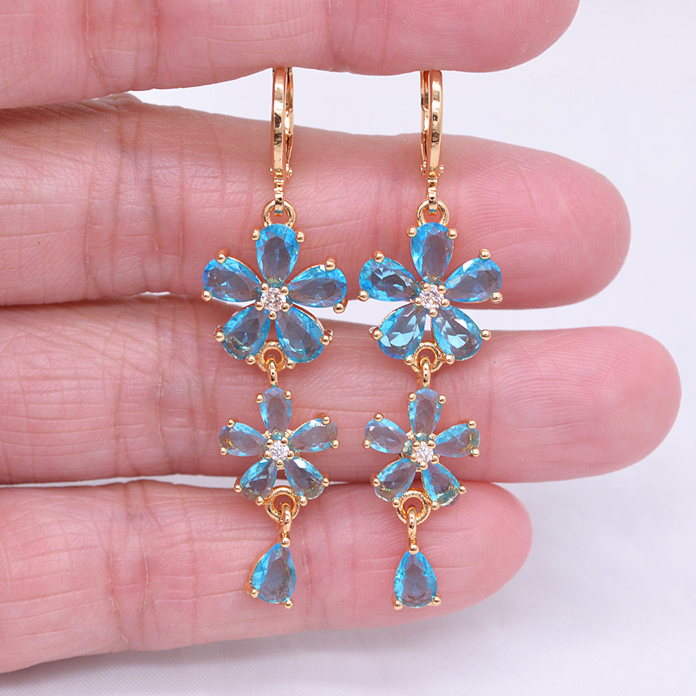 Wholesale Gold Plated Women Lake Blue Zircon CZ Flower Wedding Earrings Jewelry