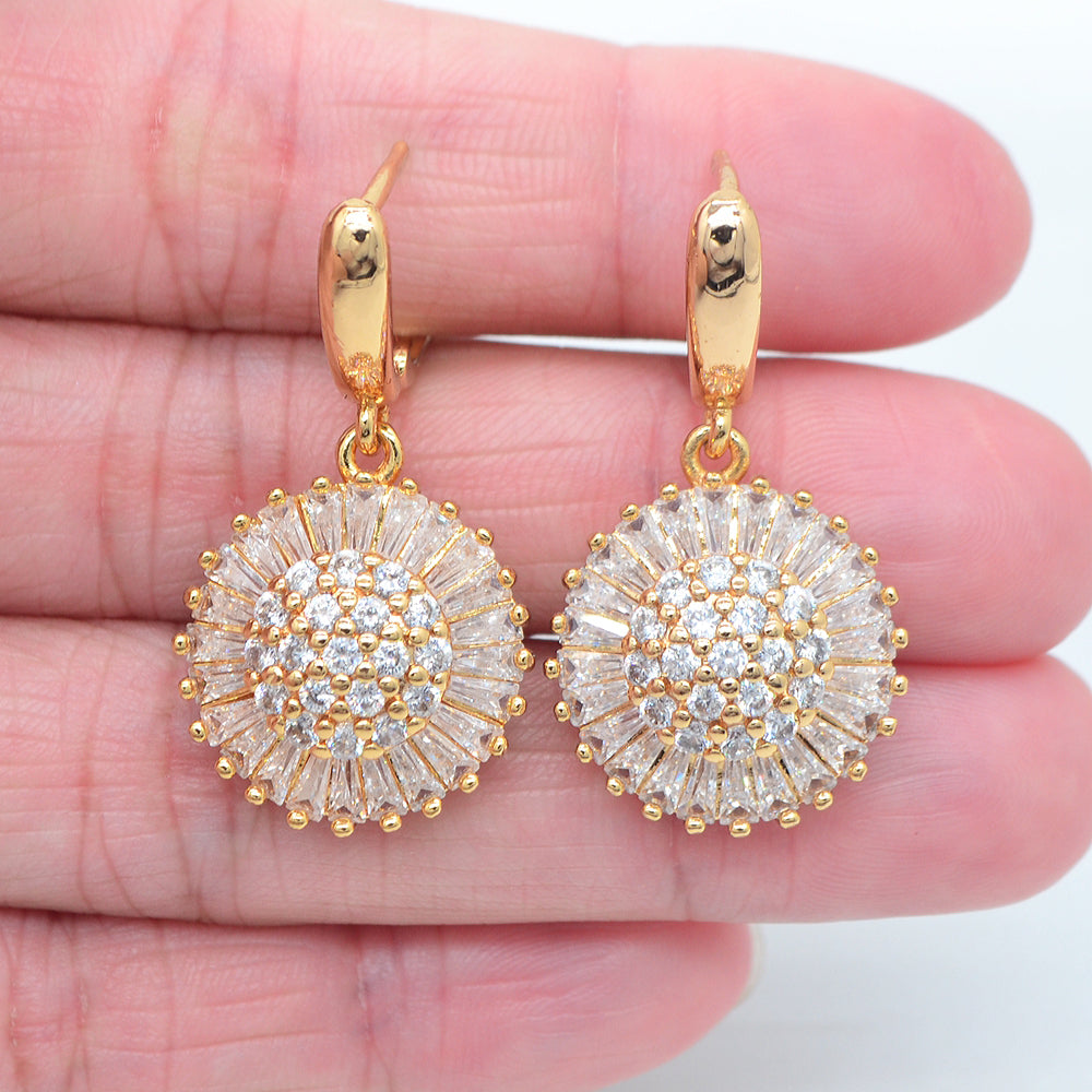 Wholesale Gold Plated Women Clear Zircon CZ Luxury Flower Dangle Huggie Wedding Earrings Jewelry
