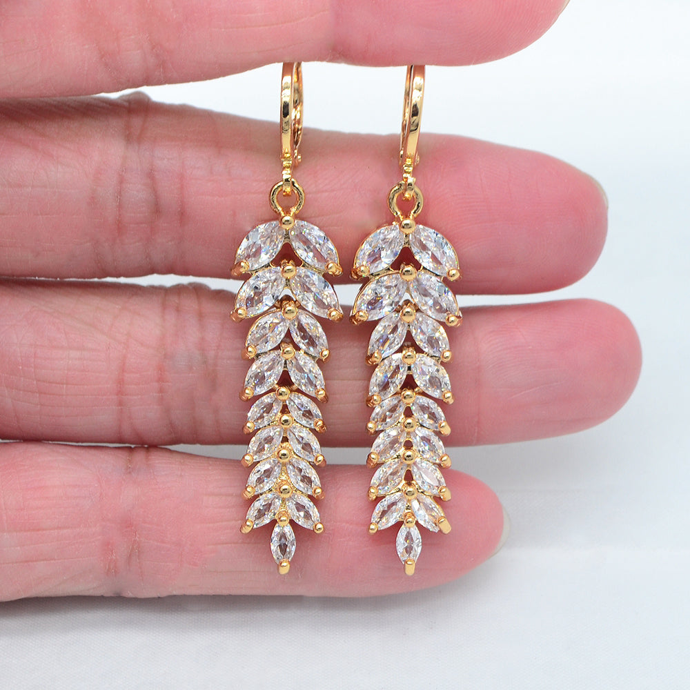 Wholesale Gold Plated Purple Cubic Zirconia CZ Luxury Women Leaf Dangle Earrings Jewelry