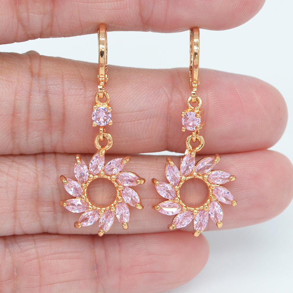 Wholesale Gold Plated Women Pink Zircon CZ Pinwheel Dangle Earrings Jewelry