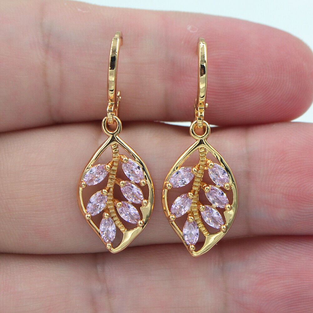Wholesale Gold Plated Women Multicolor Cubic Zirconia CZ Leaf Dangle Earrings Jewelry