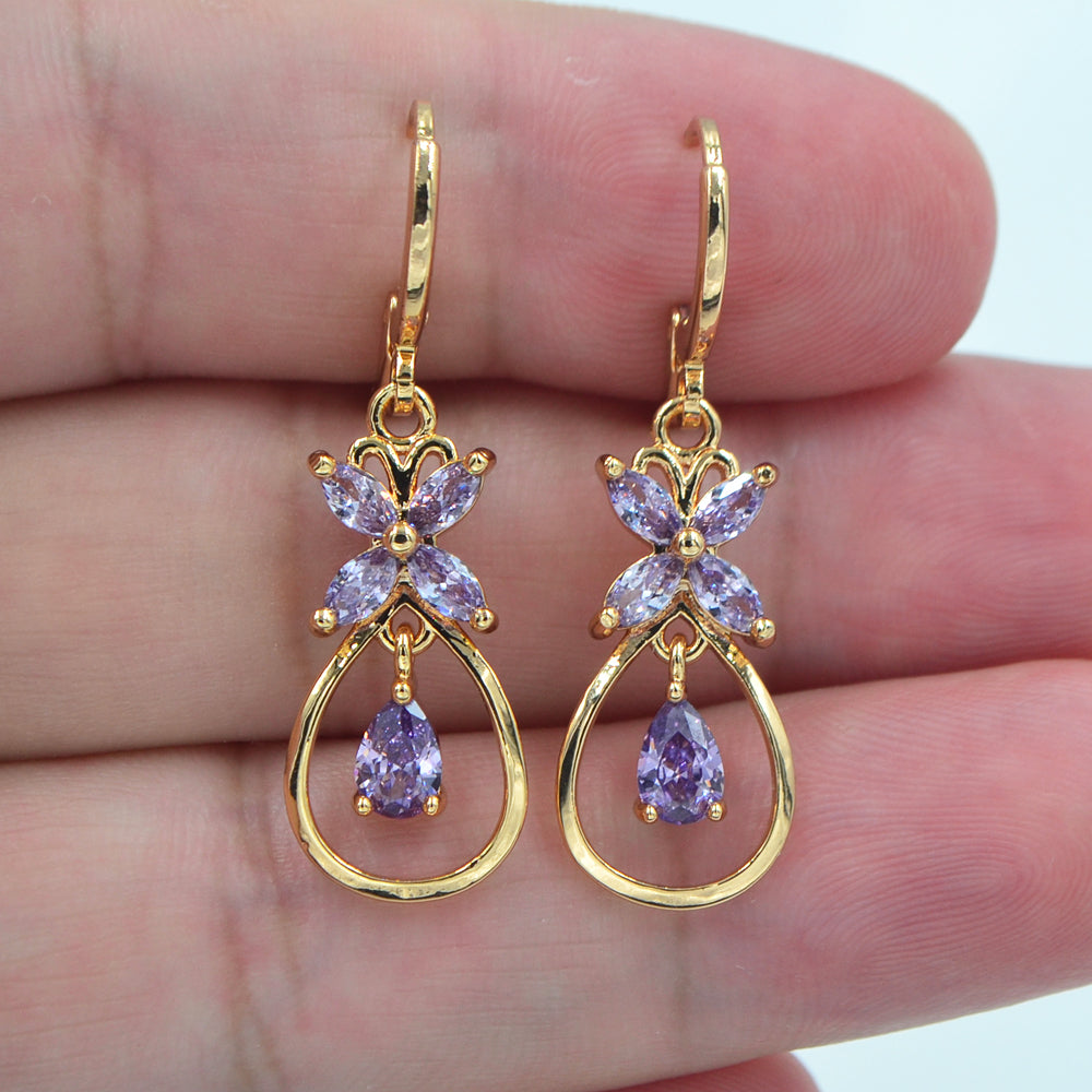 Wholesale Gold Plated Women Purple Zircon CZ Palace Flower Dangle Earrings Jewelry