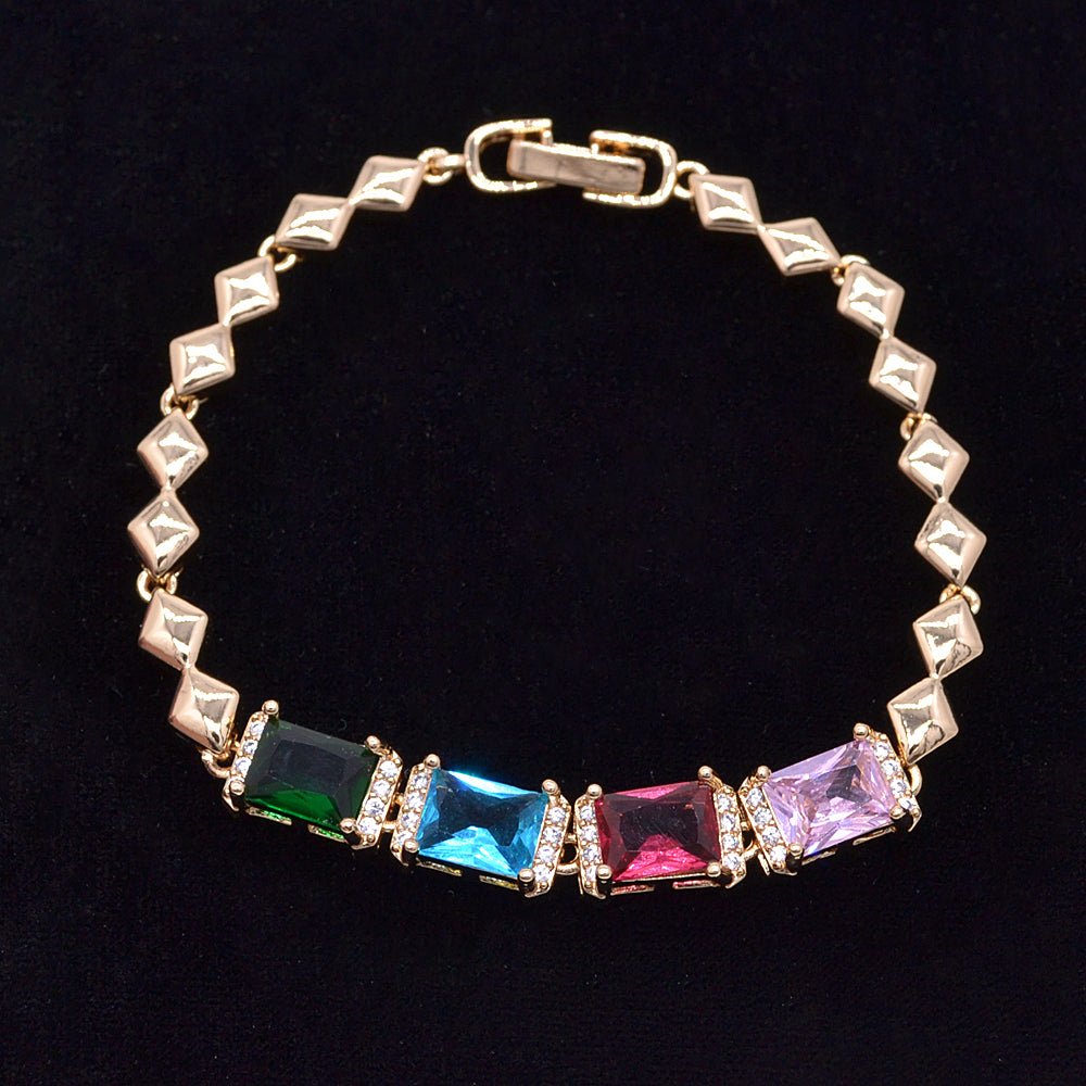 Wholesale Gold Plated Women Fashion Rainbow Zircon CZ Baguette Charm Bracelet Jewelry