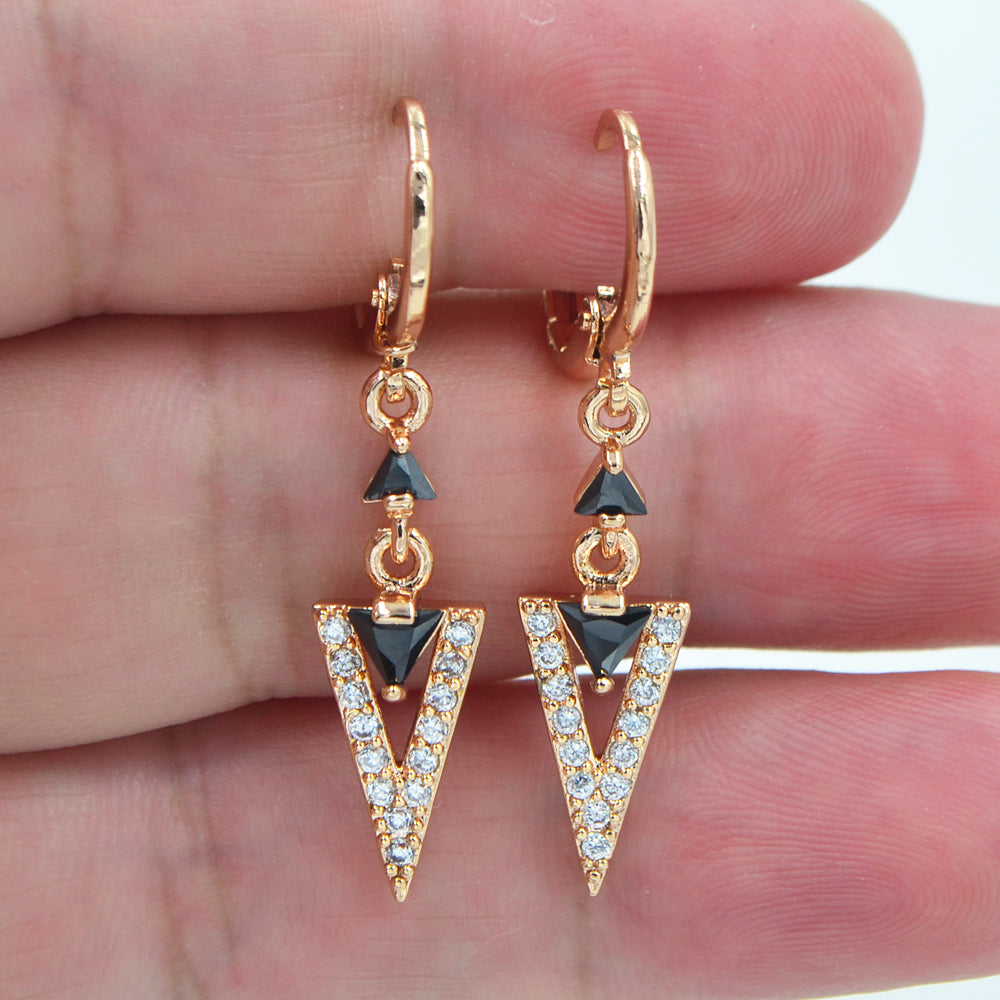 Wholesale Gold Plated Women Black Zircon CZ Triangle Dangle Earrings Jewelry