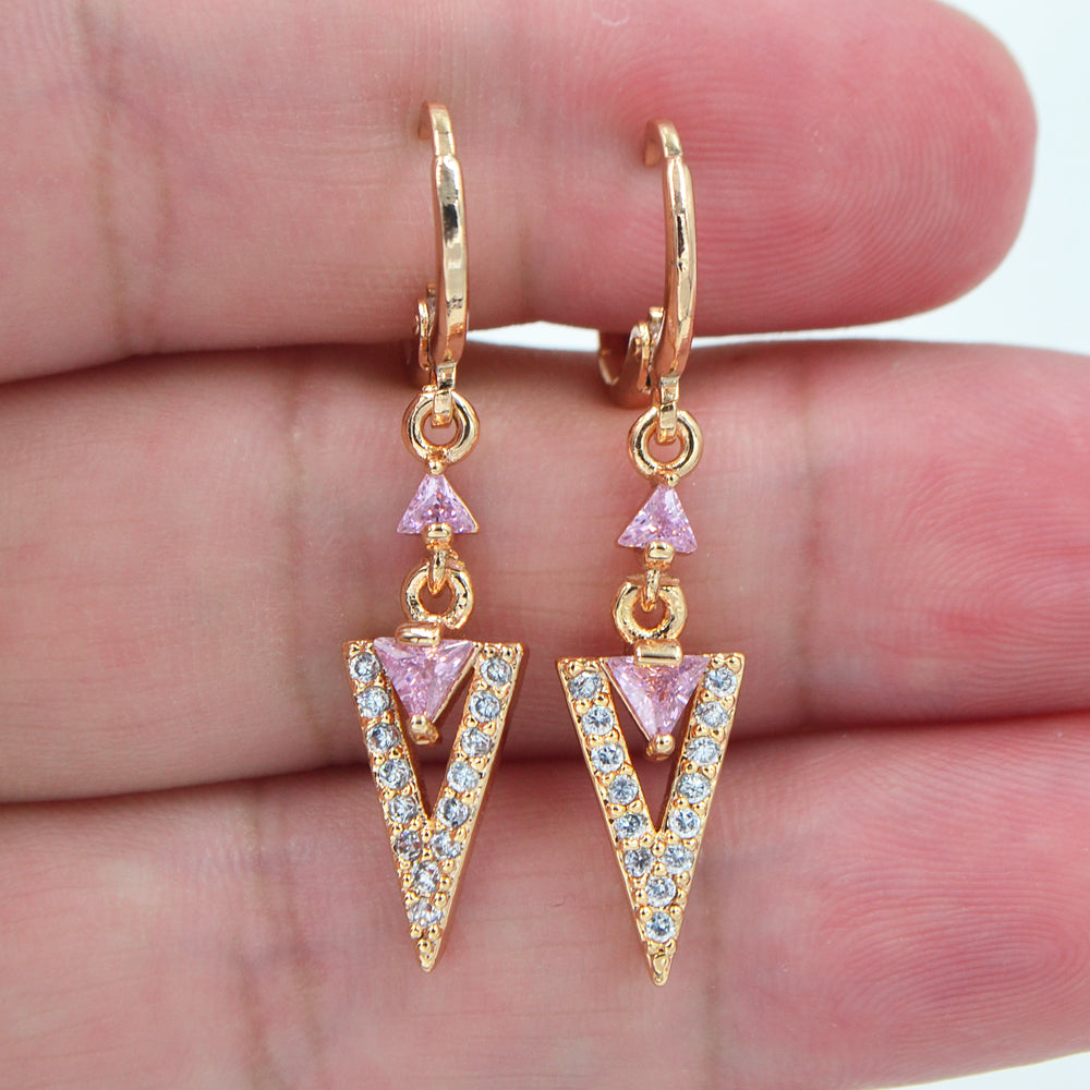Wholesale Gold Plated Women Black Zircon CZ Triangle Dangle Earrings Jewelry