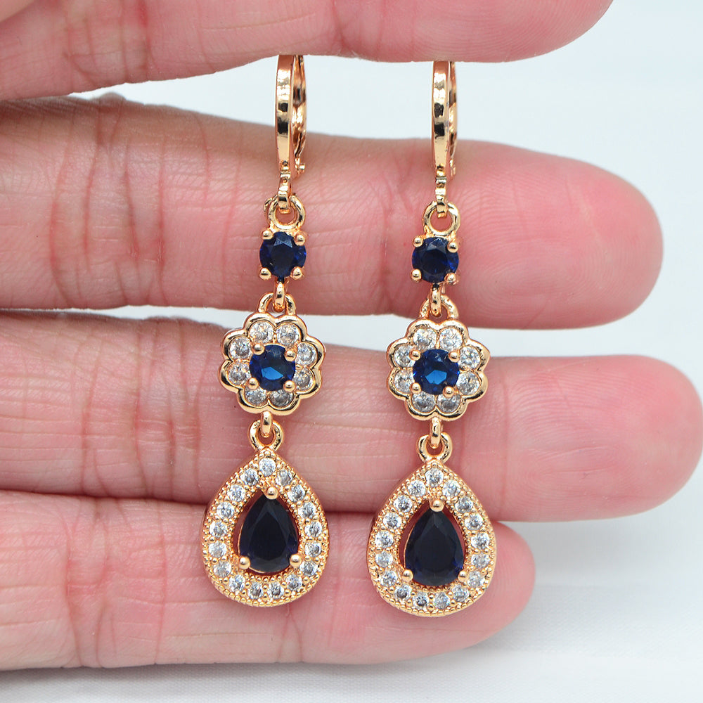 Wholesale Gold Plated Women Blue Cubic Zirconia CZ Water Drop Dangle Earrings Jewelry