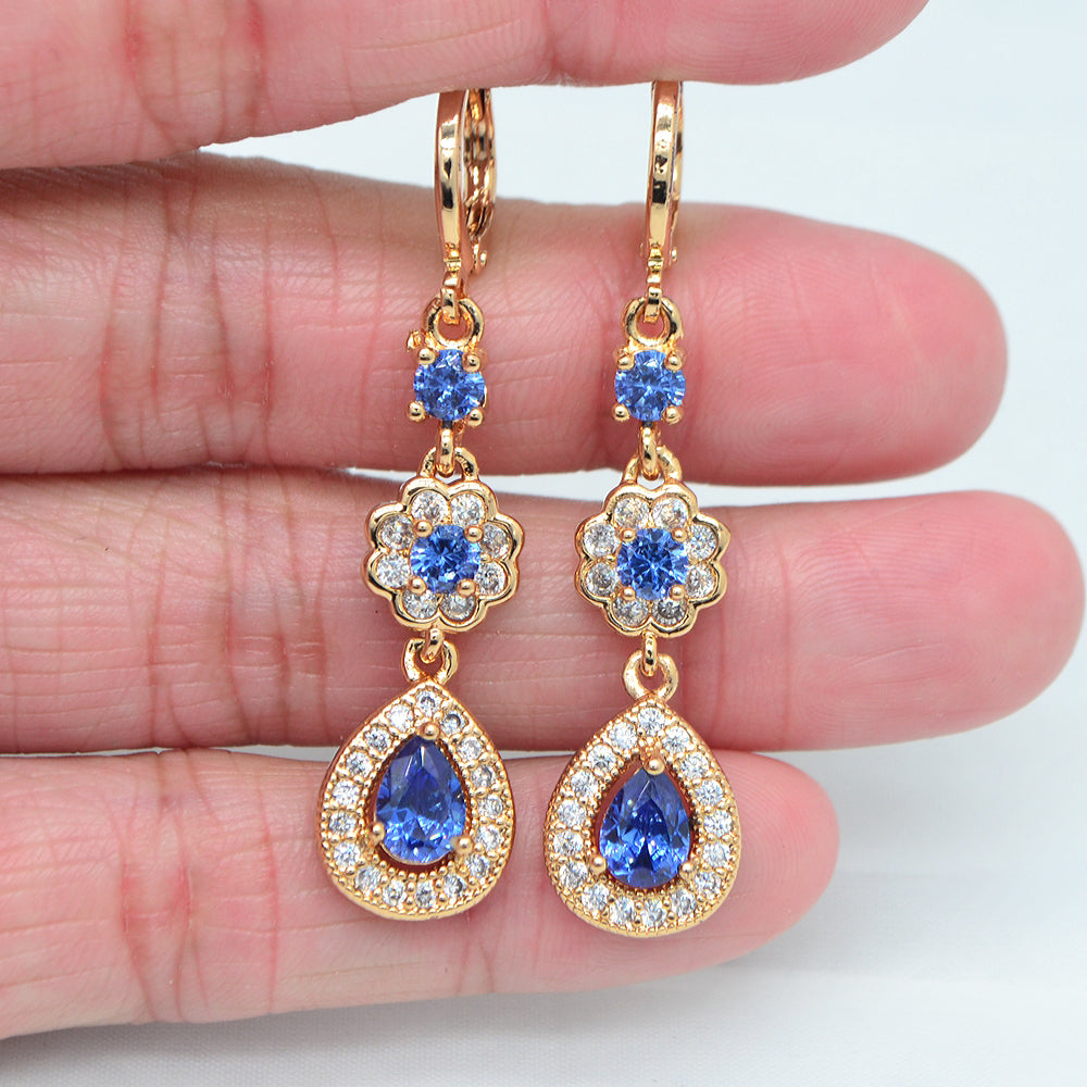 Wholesale Gold Plated Women Blue Cubic Zirconia CZ Water Drop Dangle Earrings Jewelry