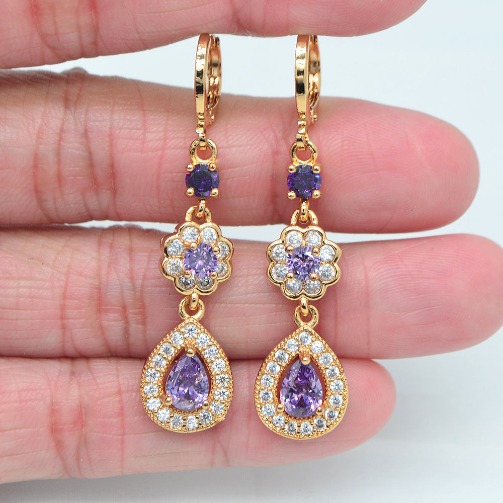 Wholesale Gold Plated Women Blue Cubic Zirconia CZ Water Drop Dangle Earrings Jewelry
