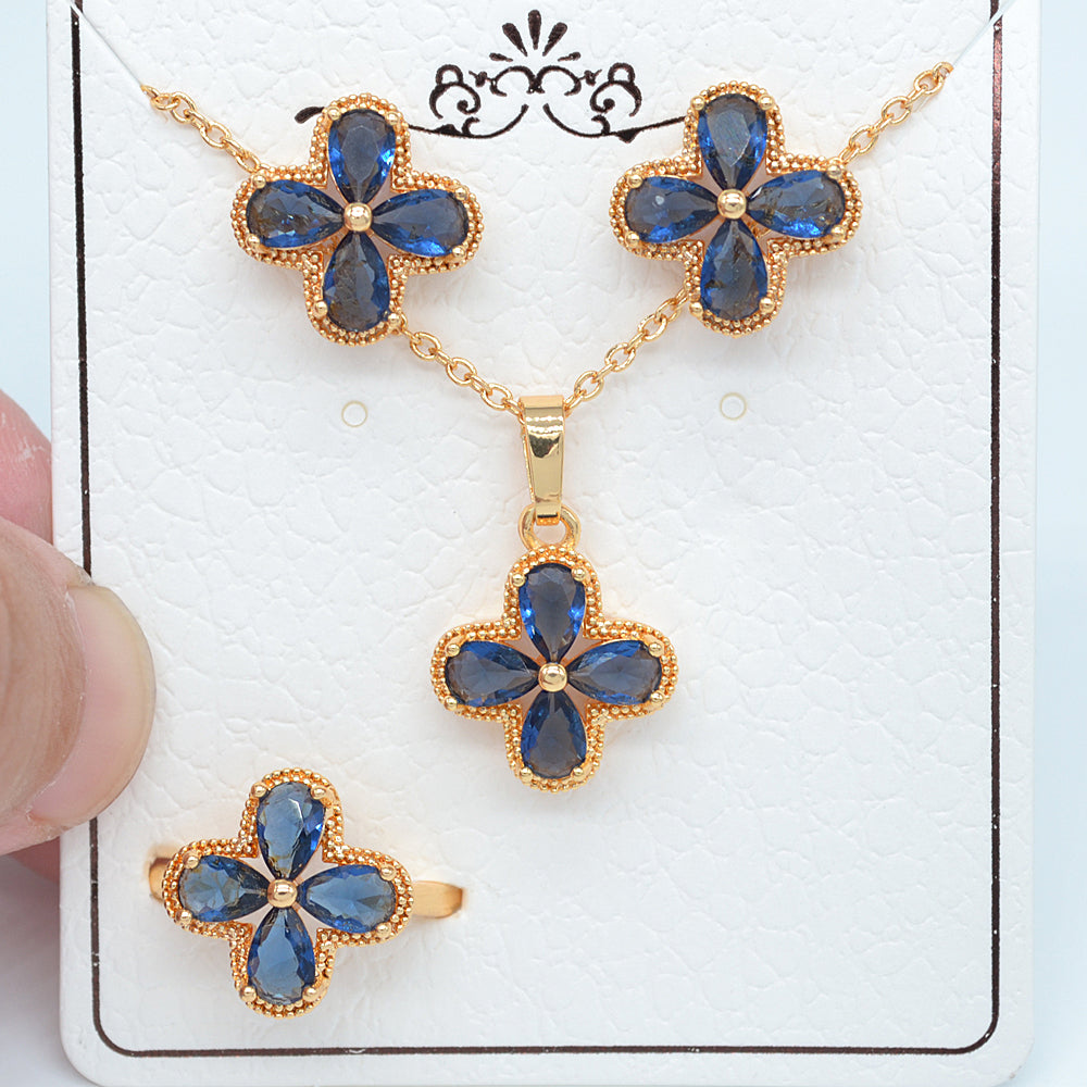 Wholesale Gold Plated Women Blue Zircon CZ Flower Jewelry Set Free Ring Size