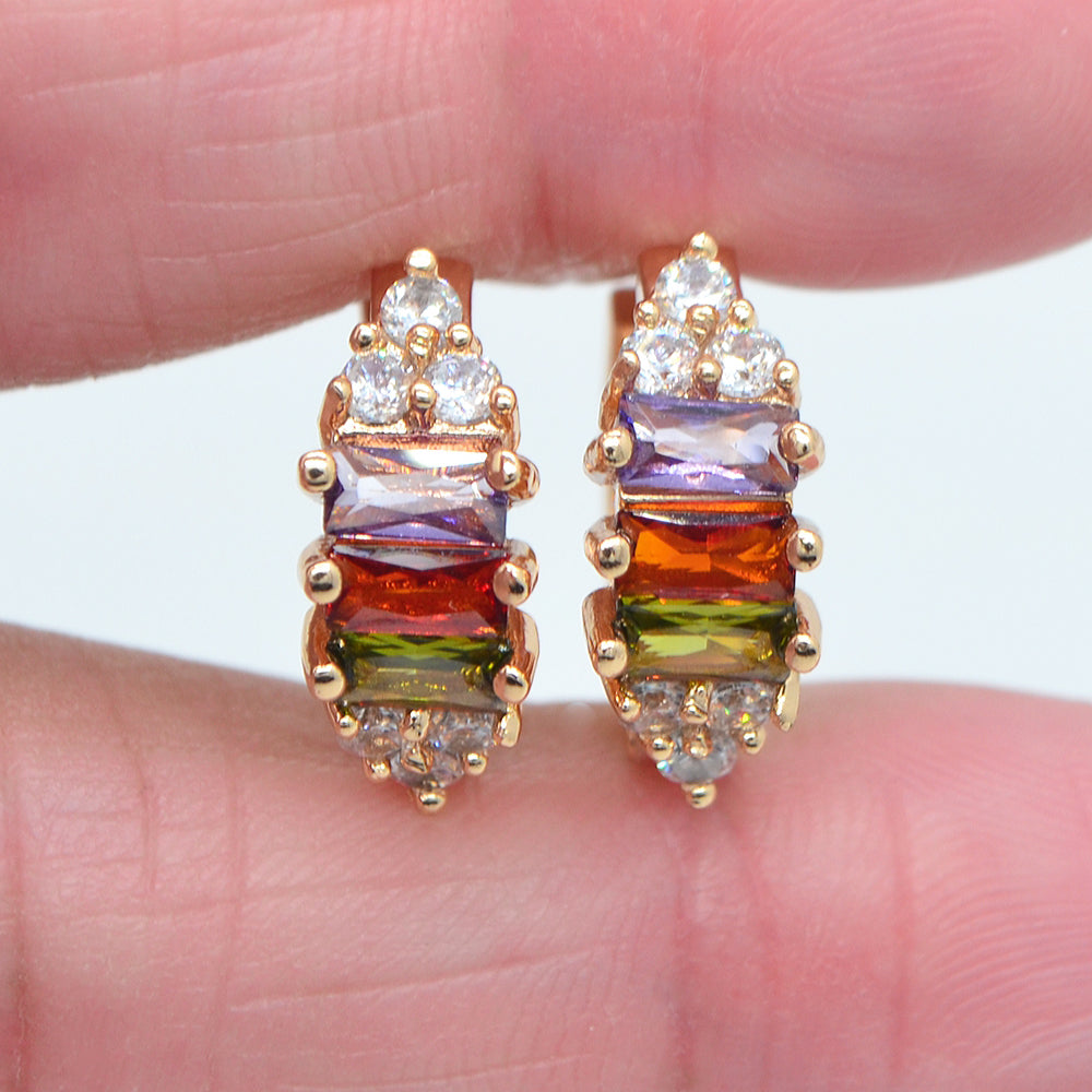 Wholesale Gold Plated Women Fashion Rainbow Zircon CZ Hoop Huggie Earrings Jewelry