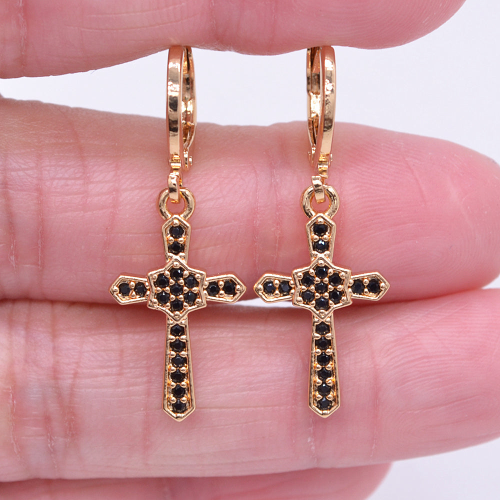 Wholesale Gold Plated Women Black Zircon CZ Cross Dangle Earrings Jewelry