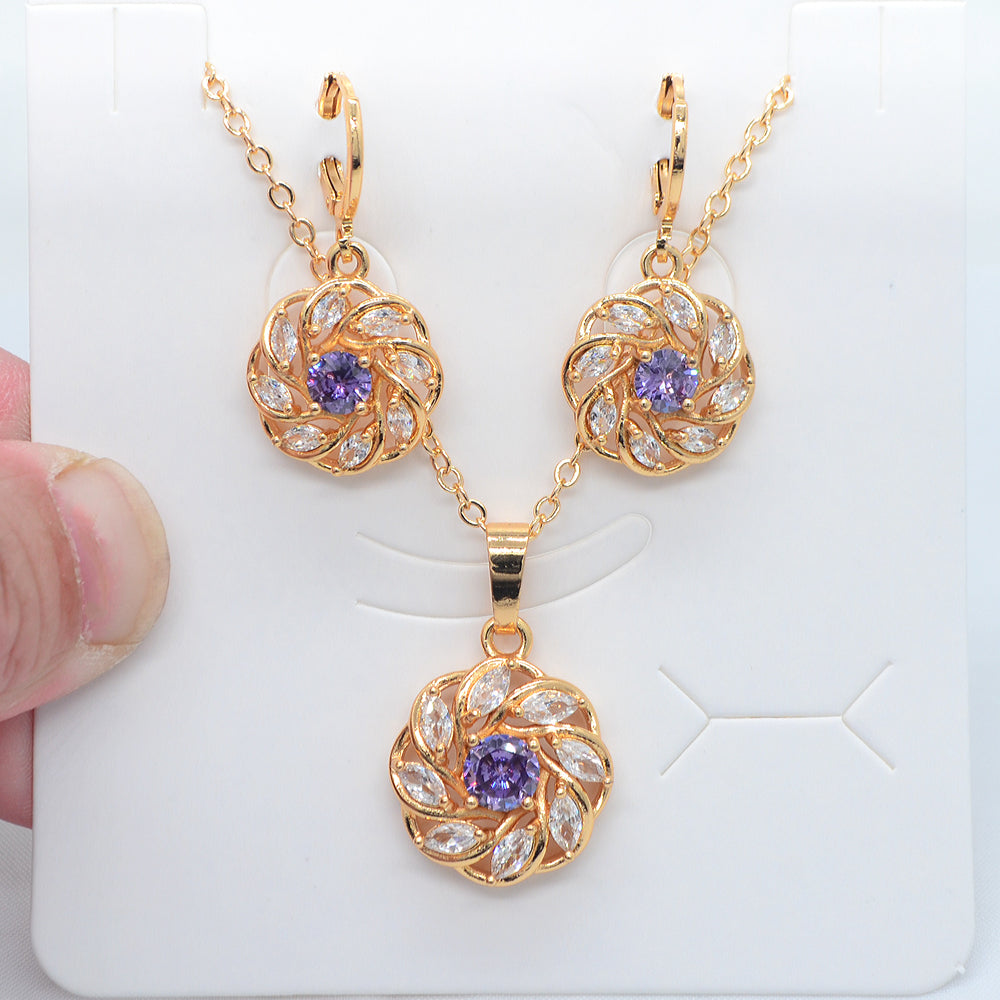 Wholesale Gold Plated Women Fashion Purple Zircon CZ Pinwheel Round Flower Jewelry Set