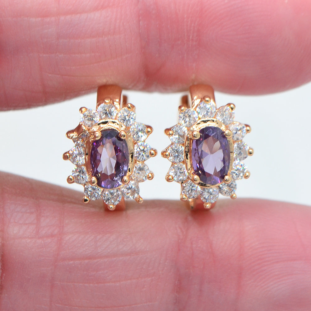 Wholesale Gold Plated Women Green Zircon CZ Halo Oval Flower Huggie Earrings Jewelry