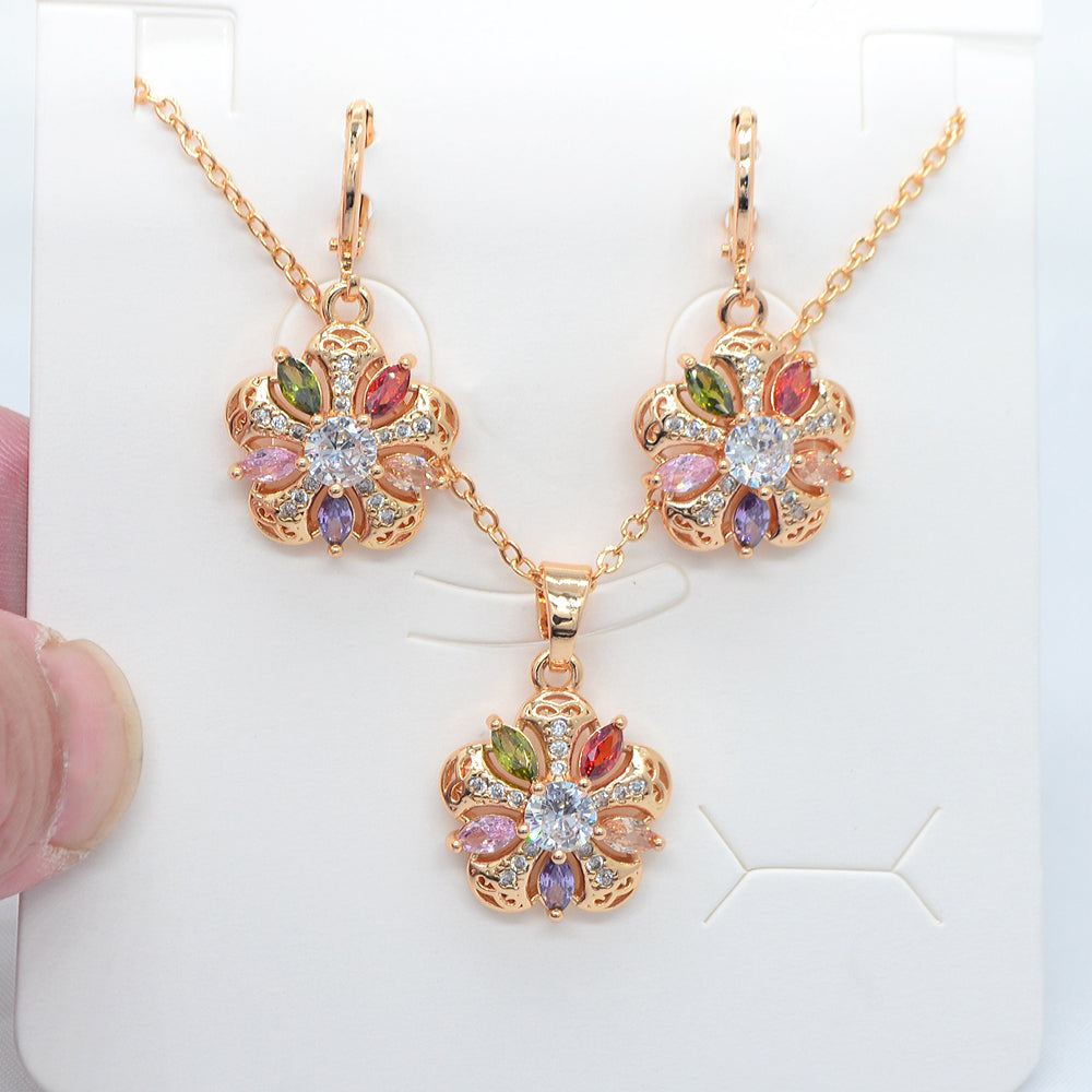 Wholesale Gold Plated Women Fashion Multicolor Zircon CZ Flower Jewelry Set Gift