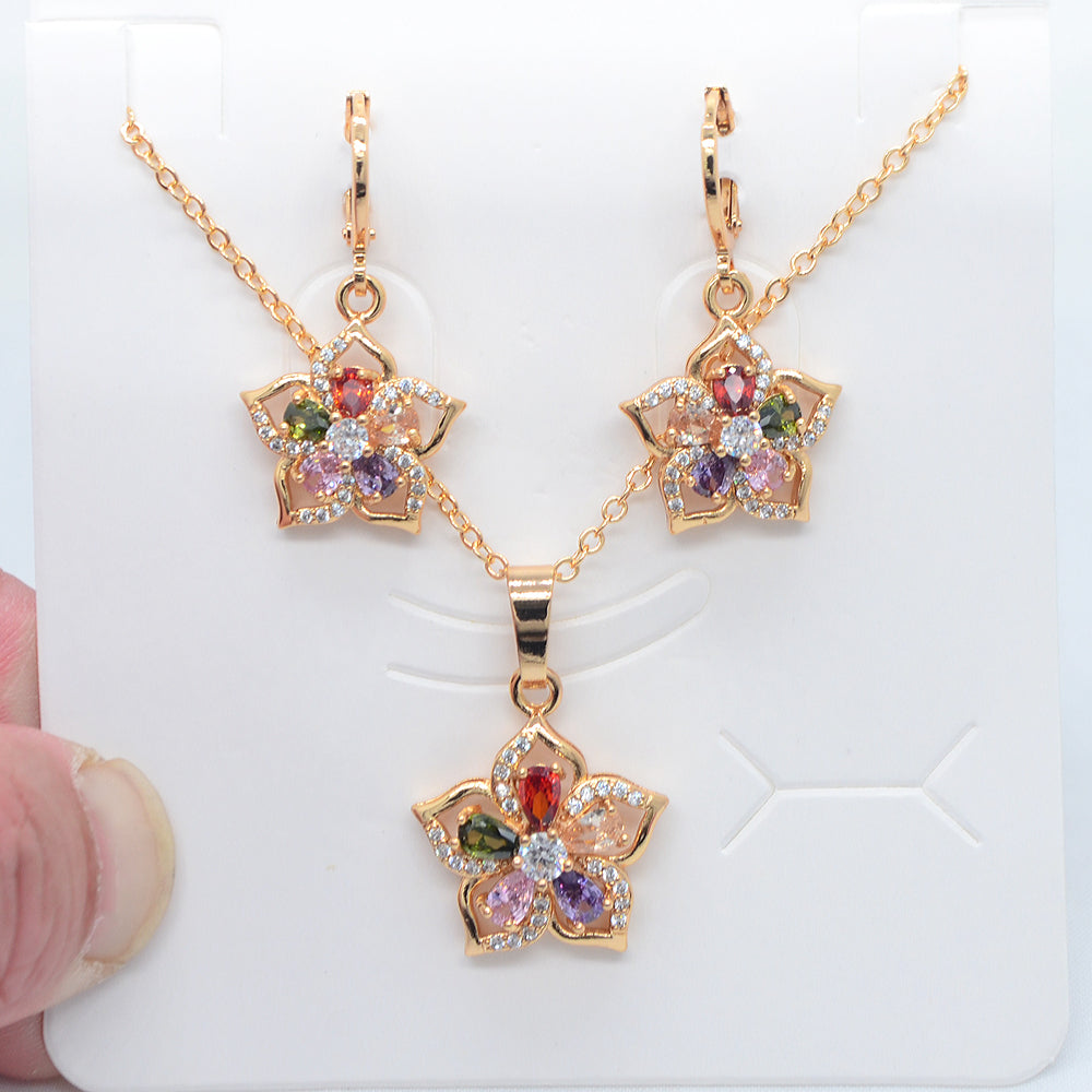 Wholesale Gold Plated Women Rainbow Zircon CZ Flower Jewelry Set for Engagement
