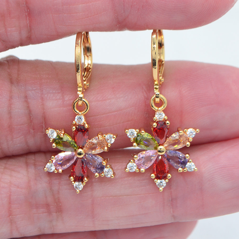 Wholesale Gold Plated Women Fashion Multicolor Zircon CZ Flower Drop Earring Jewelry