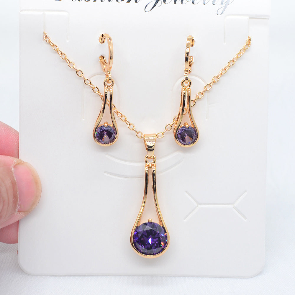 Wholesale Gold Plated Women Red Zircon CZ Long Teardrop Jewelry Set